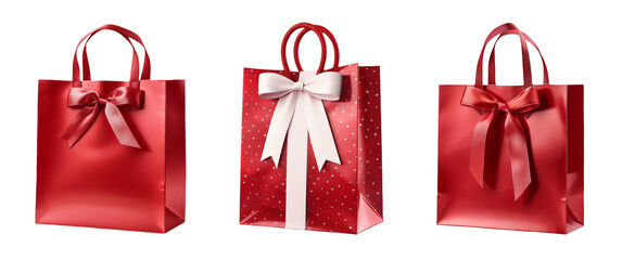 Red paper gift bag with ribbon for valentine's day celebration, isolated premium shopping accessory transparent collection