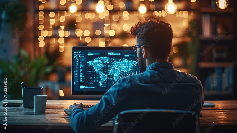 Fototapete Software engineer working on laptop with coding computer code on virtual screen, Software development concept. Coding programmer. Generative AI.