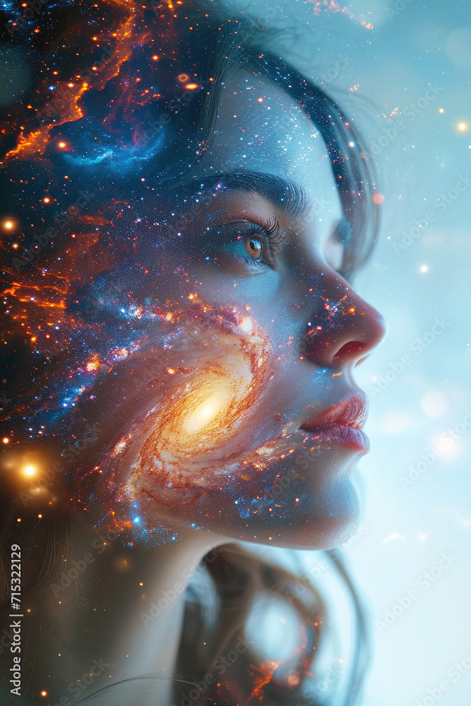 Poster a double exposure photograph of a beautiful woman and a wormhole in deep space. generative ai.