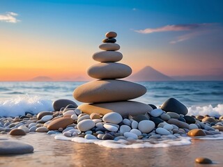 A serene beach scene with a perfectly balanced pyramid of pebbles, against the vibrant ocean background.