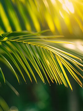 blurred palm leaf background with close-up of a palm frond arch in sunlight, tropical vegetation background - generative ai
