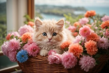 A tiny,cute kitten sits in a basket overflowing with fluffy, bright multicolored flowers. Its pink fur is soft and fluffy, and its big blue eyes sparkle with curiosity. 