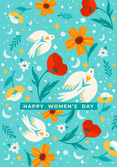 Illustration with flowers and birds. Vector design concept for International Women s Day and other