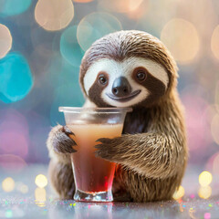 Cute sloth drinking cocktail