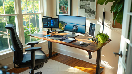 Showcase an organized home office setup featuring a standing desk - obrazy, fototapety, plakaty