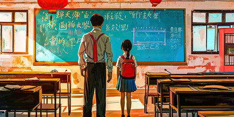 Chinese teacher and pupil student learning, classroom, educational, education teaching, generated ai