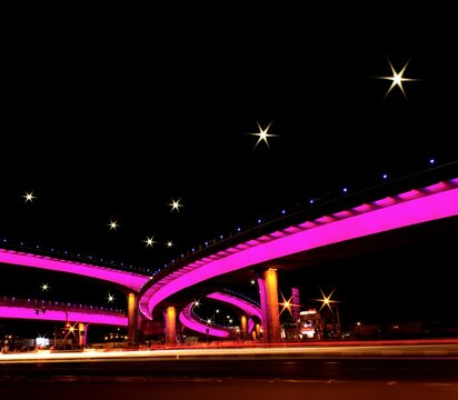 Street in night, Colorful bridge 