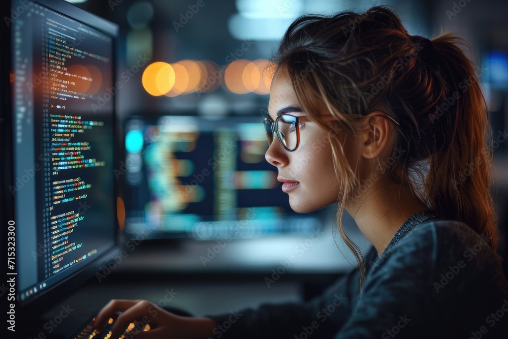 Poster A female student coding a piece of software. Generative AI.