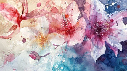 Abstract floral watercolor in pastel tones with delicate flowers and petals softly blending into the background