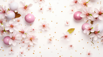 Obraz na płótnie Canvas Captivating Easter Scene: Marble Eggs, Cherry Blossoms, and Confetti in Beautiful Light, Top View on White Background, Perfect for Microstock Sales and Creative Projects