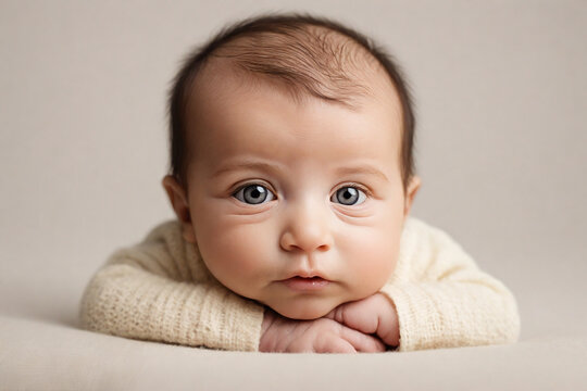 Portrait of an adorable newborn baby looking at the camera on a light background, close-up