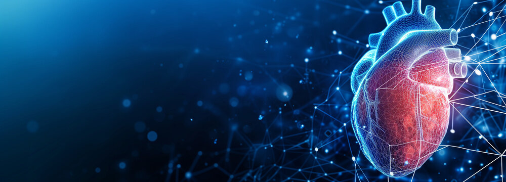 Abstract Panorama of a Glowing Human Heart Interconnected with Digital Nodes, Illustrating Cardiology on a Deep Blue Background