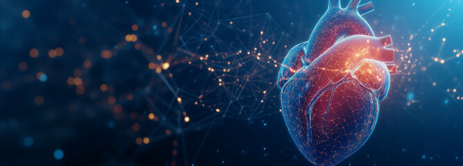 Abstract Panorama of a Glowing Human Heart Interconnected with Digital Nodes, Illustrating Cardiology on a Deep Blue Background - obrazy, fototapety, plakaty