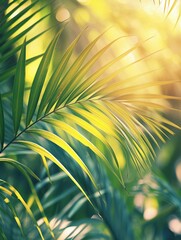 blurred palm leaf background with close-up of a palm frond arch in sunlight, tropical vegetation background - generative ai