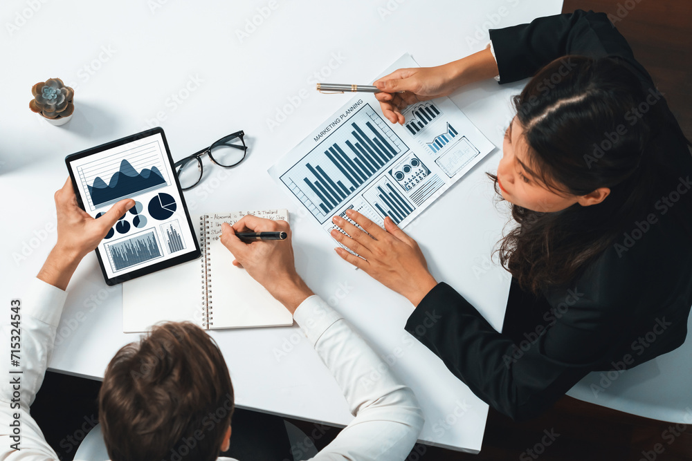 Aufkleber Top view Analyst team uses BI Fintech display tablet to analyze financial data. Business people analyze BI software technology dashboard power for insight power into marketing planning. Prudent