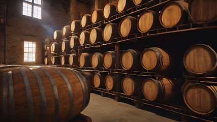 Wine and cognac barrels in winery cellar wooden wine barrels in perspective vintage oak barrels for
