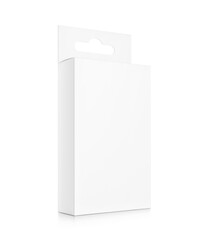White package box with hang slot mockup for electronic and mobile accessories. Half side view. Vector illustration isolated on white background. Ready and simple to use for your design. EPS10.