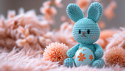 handmade blue knitted bunny with Easter egg and flowers on pink background. AI generated