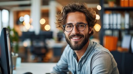 A man sitting in a modern office, Intensely working on their computer. Generative AI.