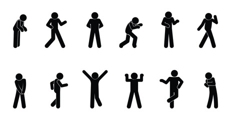 man icon, gestures and poses of people, human silhouettes waving their hands