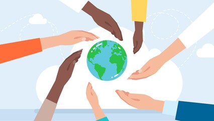 Save the planet, energy. Earth day. Hands holding globe. Earth day concept for poster, banner, print, web. Saving the planet, and environment. Modern cartoon flat style. 2d flat animation
