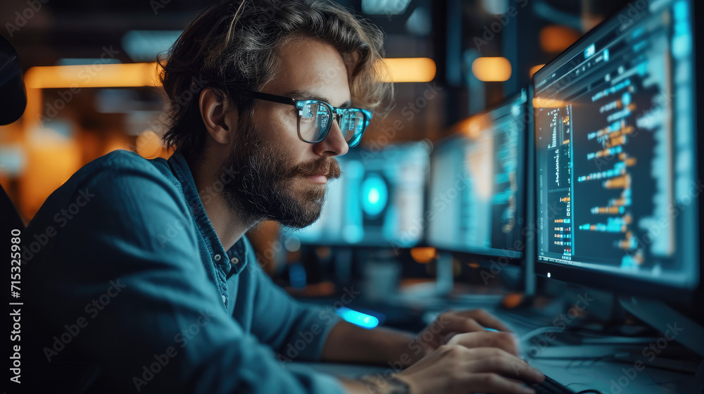 Poster Busy AI developer immersed in coding at the office. Generative AI.