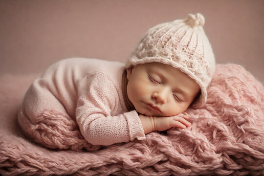 Cute newborn baby girl sleeping on pink knitted plaid.