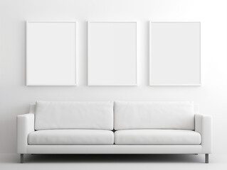Three empty wall art mockup in a minimal living room, a white sofa, clean and minimal room, white wall