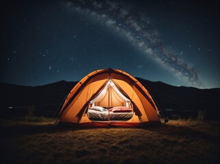 tent with a lantern under the night starry sky - obrazy, fototapety, plakaty