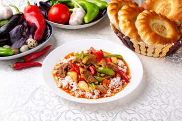 Rice with beef and pepper. Eastern cuisine. Uzbek cuisine.