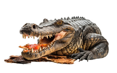 Fototapeta premium Witnessing Nature Predatory Power as an Alligator Devours its Meal on a White or Clear Surface PNG Transparent Background.