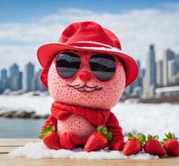 Strawberry doll wearing red hat and sunglasses on the snow.