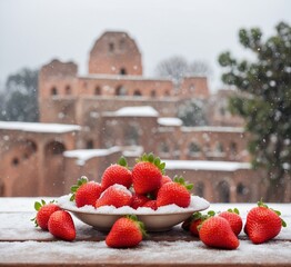 Strawberries in a bowl on a wooden table in the snowfall.