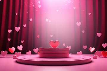 3D Valentine's day abstract background with red hearts and podium showcase for product presentation. Geometric shape for product display presentation, promotion display.