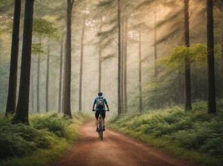 Cyclist on the path in the forest
