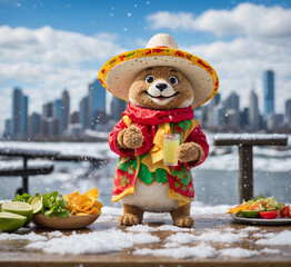 A funny teddy bear wearing a Mexican sombrero with a glass of orange juice and a plate of fresh vegetable salad on the snow.