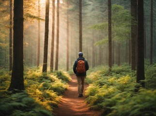 A man walks through the forest with a hiking backpack