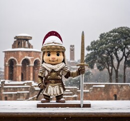 Sculpture of a boy with a sword in the snow