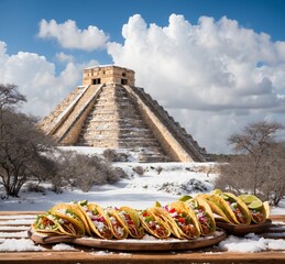 Mexican tacos with Chichen Itza, Yucatan, Mexico