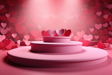 3D Valentine's day abstract background with red hearts and podium showcase for product presentation. Geometric shape for product display presentation, promotion display.