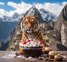 Tiger with cupcakes and snow in front of the mountains.