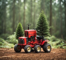 Red tractor with a Christmas tree on the background of the forest.