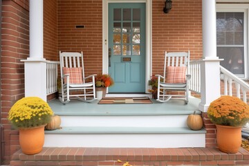 brick steps leading to a colonial front porch with rocking chairs