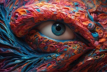 Fototapeta premium In the midst of a kaleidoscopic swirl of vibrant colors, a surreal alien artifact emerges. This psychedelic creation defies any conventional understanding, with its intricate patterns and otherworldly