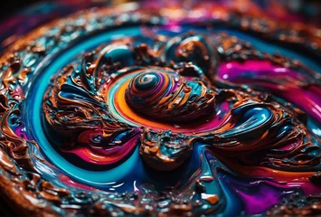 Fotobehang In the midst of a kaleidoscopic swirl of vibrant colors, a surreal alien artifact emerges. This psychedelic creation defies any conventional understanding, with its intricate patterns and otherworldly © DynaVerse3D