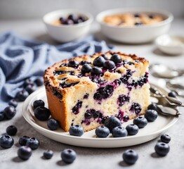 Blueberry cheesecake on a white plate with blueberries, square
