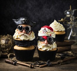Halloween cupcakes with sugar skull and pirate hat on old wooden background