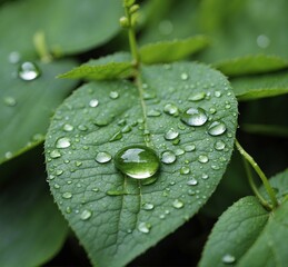 Water drops on green leaves. Nature background. Shallow depth of field.