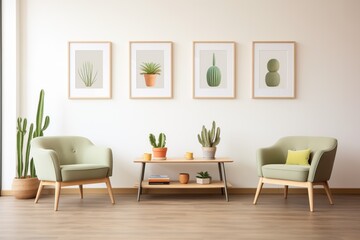 minimalist lounge with cactus collection