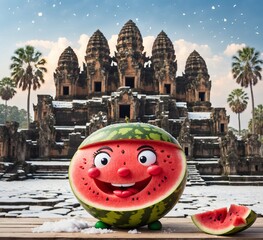 Watermelon with face in front of Angkor Wat, Cambodia